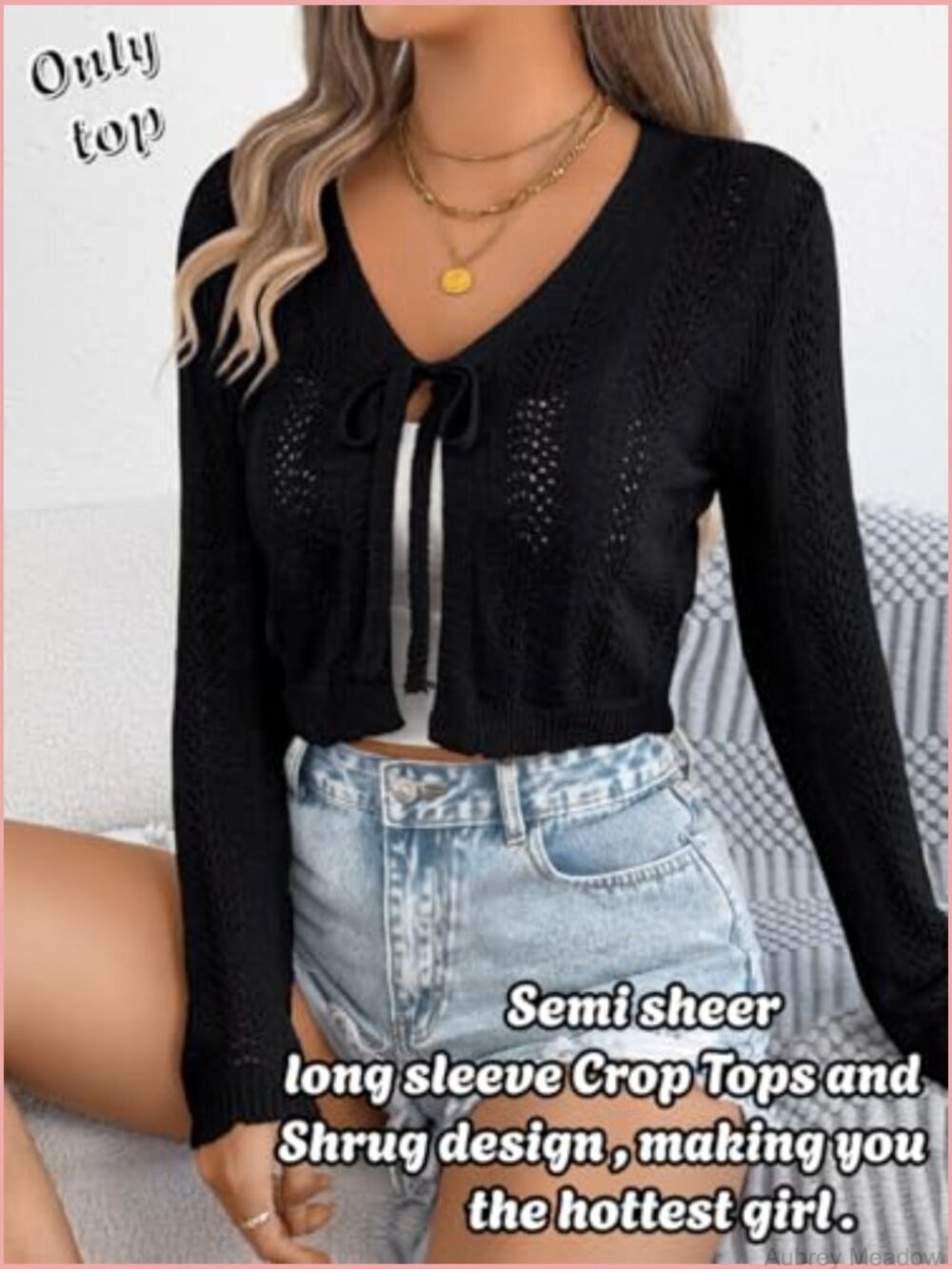 Lightweight Cropped Crochet Cardigan Tie Front V-Neck Hollow Out Knit Top - Picture 6 of 7